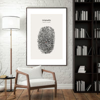 Minimalist poster with a large black ink fingerprint illustration and small red drop detail on cream background — Originality leaves a mark quote by Monoquote
