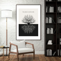 Minimalist poster showing a bare tree above ground and its root system below in black and cream contrast with a single green leaf — The surface is not the truth quote by Monoquote