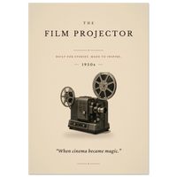 The Film Projector poster – minimalist 1950s vintage film projector art print on cream, “When cinema became magic.”, MonoQuote