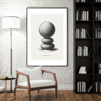 Framed black and white artwork of stacked spheres in a modern living room.