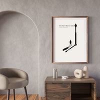 Minimalist noir poster of a man silhouette casting a shadow shaped like a clock hand with red pivot dot on cream background — One of us in this very room is in fact the murderer quote by Monoquote