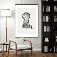Framed artwork of a keyhole with a person inside, placed in a modern living room.