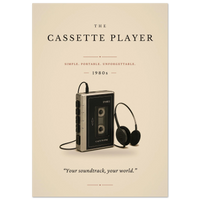 The Cassette Player poster – minimalist 1980s vintage cassette player art print on cream, “Your soundtrack, your world.”, MonoQuote
