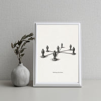 Framed artwork of a diagram with people connected by lines on a textured wall.