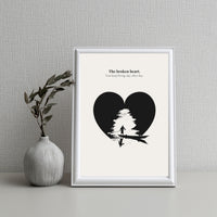 Minimalist poster of a lone boatman silhouette inside a black heart shape with light breaking through on cream background — The broken heart you keep living day after day quote by Monoquote