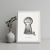 Framed artwork with a keyhole design and a person standing inside, on a gray textured wall.
