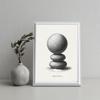 Framed artwork of stacked stones with a vase and plant on a neutral background