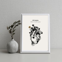 Framed artwork with floral design and text on a gray wall with a vase.