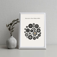 Framed artwork with mechanical gear design and text on a neutral background