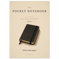 The Pocket Notebook poster – minimalist 1920s vintage pocket notebook art print on cream, “Where ideas begin.”, MonoQuote