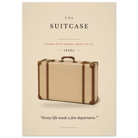 The Suitcase poster – minimalist 1950s vintage suitcase art print on cream, “Every life needs a few departures.”, MonoQuote