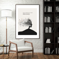 Framed artwork with a tree design and text in a living room setting.