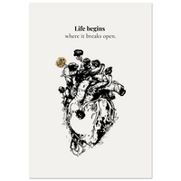 anatomical heart floral poster life begins where it breaks open minimalist emotional wall art