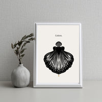 Framed artwork with a black shell illustration and text 'Listen.' on a light gray wall.