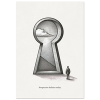 Minimalist black and white poster of a keyhole revealing a landscape with the quote “Perspective defines reality”