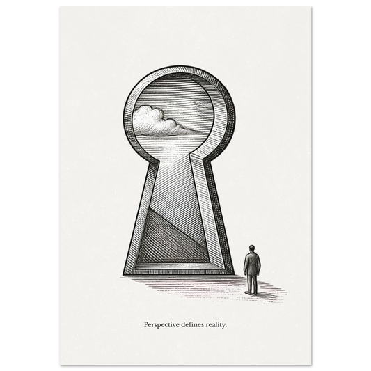 Minimalist black and white poster of a keyhole revealing a landscape with the quote “Perspective defines reality”