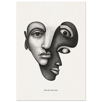Minimalist black and white poster with abstract dual face and the quote "You are not one"