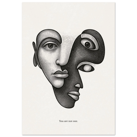 Minimalist black and white poster with abstract dual face and the quote "You are not one"
