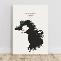Poster with a stylized black and white illustration of a woman with flowing hair and text on a light gray background.
