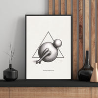 Minimalist black and white abstract poster with geometric shapes and organic forms and the quote “Feeling shapes form”