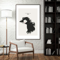 Minimalist black and white poster with the quote "You happen to me. Again." and a silhouette of a woman with flowing hair