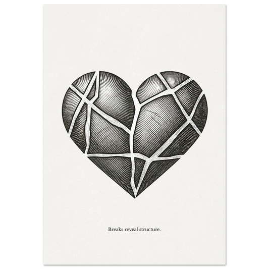 Minimalist black and white poster of a cracked heart with visible structure lines and the quote “Breaks reveal structure”