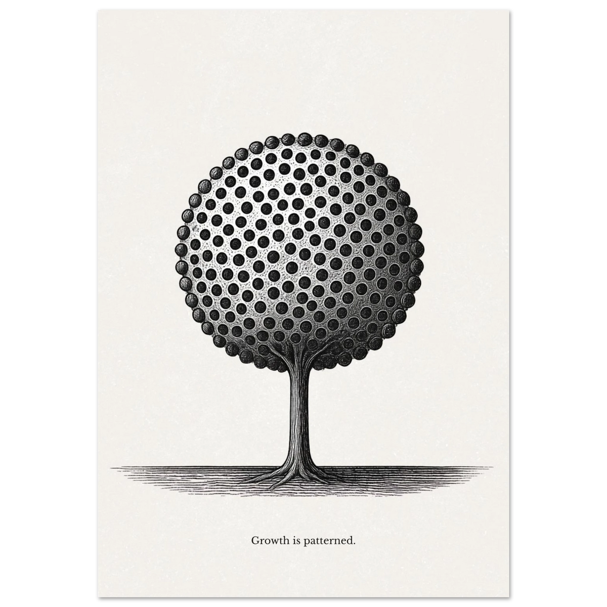 Black and white tree design with 'Growth is patterned' text on a white background