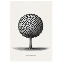 Black and white tree design with 'Growth is patterned' text on a white background