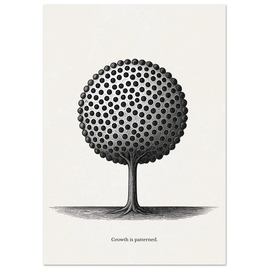 Black and white tree design with 'Growth is patterned' text on a white background
