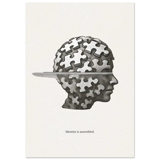 Minimalist black and white poster of a human head made of puzzle pieces with the quote “Identity is assembled”