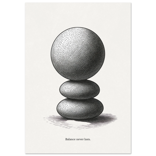 Minimalist black and white poster of stacked stones with the quote “Balance never lasts”