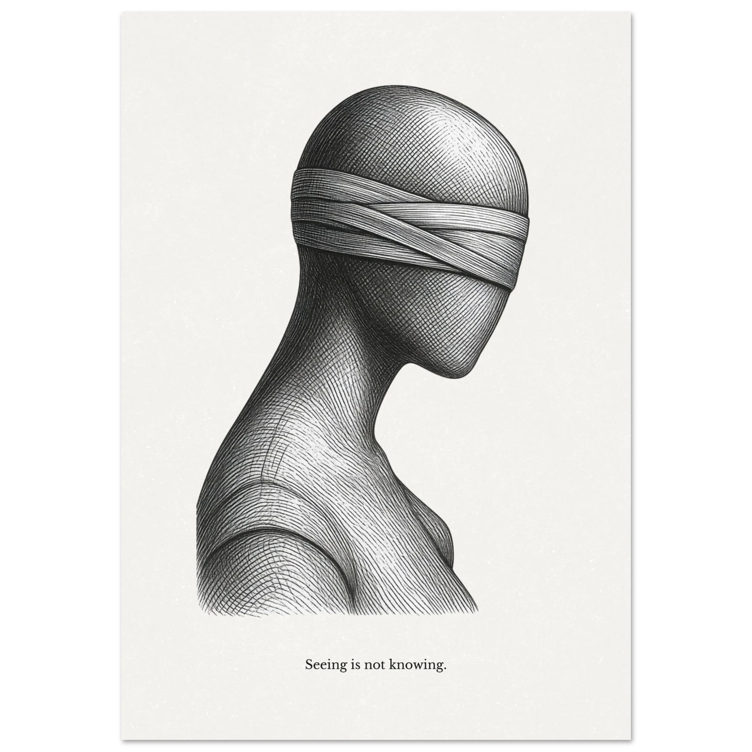 Minimalist black and white poster with a blindfolded human figure and the quote "Seeing is not knowing"