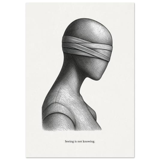 Minimalist black and white poster with a blindfolded human figure and the quote "Seeing is not knowing"