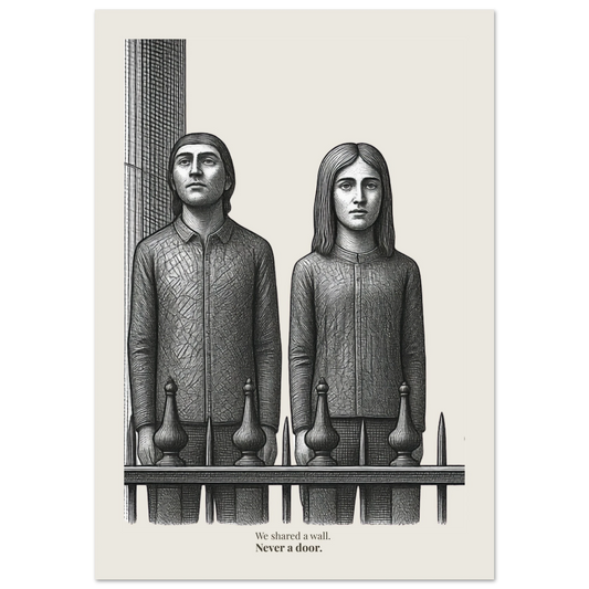 Minimalist conceptual poster showing two figures separated by a wall with quote “We shared a wall. Never a door.”