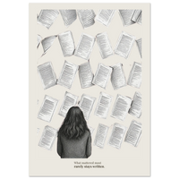 Minimalist poster showing a figure surrounded by floating pages with quote “What mattered most rarely stays written”