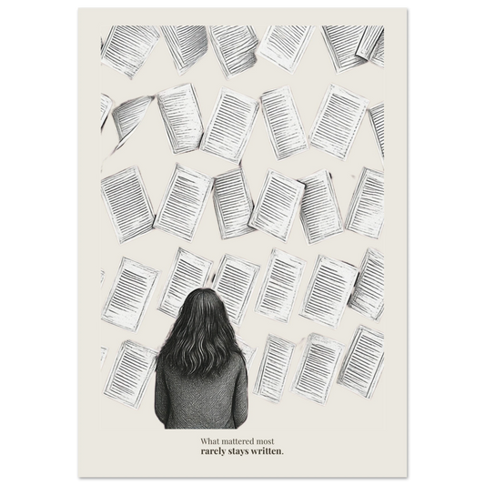 Minimalist poster showing a figure surrounded by floating pages with quote “What mattered most rarely stays written”