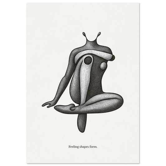 Minimalist black and white poster with an abstract human figure and the quote "Feeling shapes form"