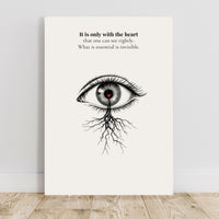 Poster with an eye illustration and inspirational quote on a white background