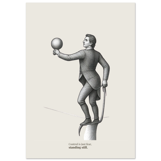 Minimalist poster showing a figure balancing with a ball and quote “Control is just fear, standing still”