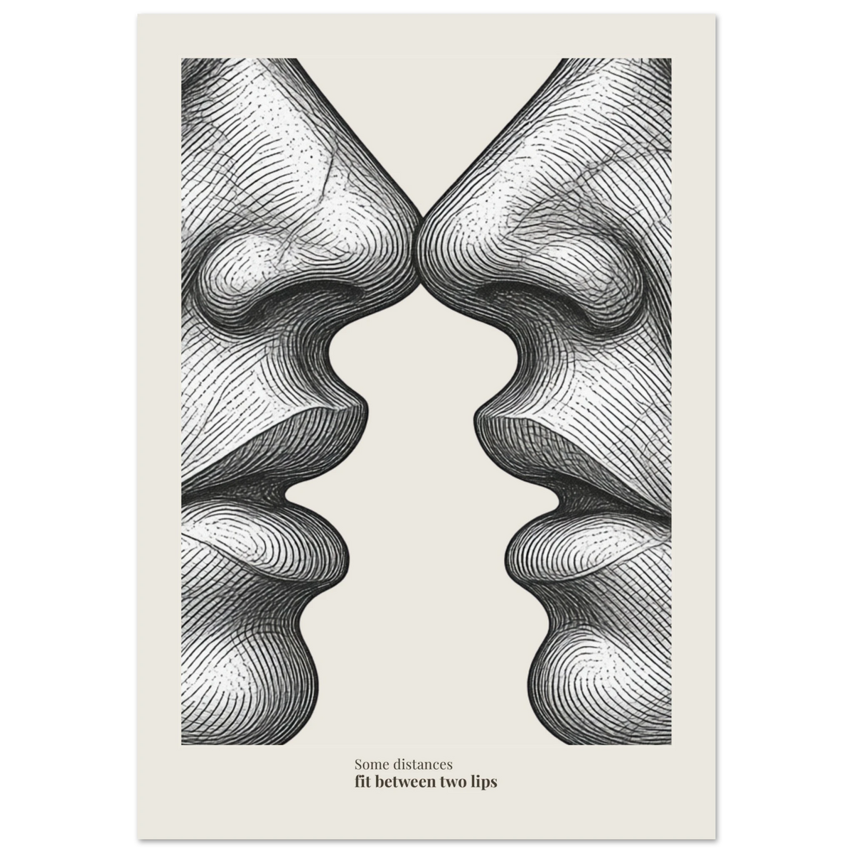 Minimalist poster showing two faces close together with quote “Some distances fit between two lips”