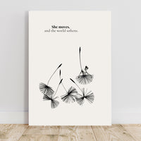 Poster with black and white illustration of a woman on a dandelion seed head and text on a light gray background.