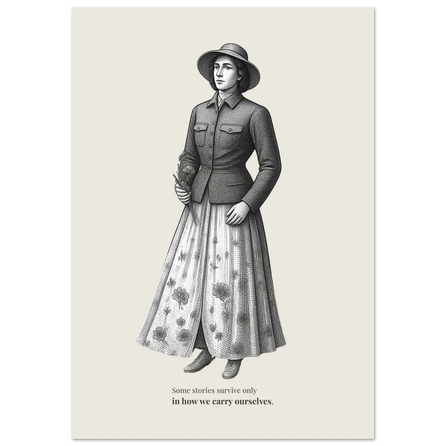 Engraving illustration of a young woman wearing a wide-brim hat, military-style jacket, and flowing floral skirt, holding a small flower in her right hand