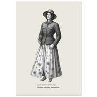 Engraving illustration of a young woman wearing a wide-brim hat, military-style jacket, and flowing floral skirt, holding a small flower in her right hand
