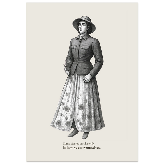 Engraving illustration of a young woman wearing a wide-brim hat, military-style jacket, and flowing floral skirt, holding a small flower in her right hand