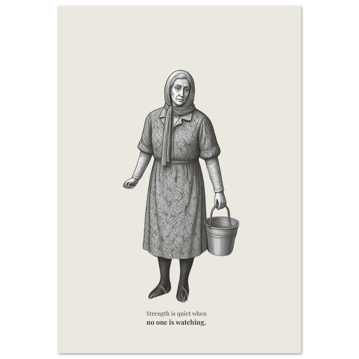 Engraving illustration of an elderly woman in a headscarf carrying a metal bucket, walking forward with quiet determination against a warm cream background