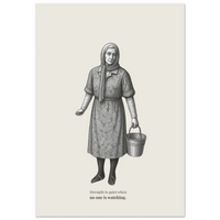 Engraving illustration of an elderly woman in a headscarf carrying a metal bucket, walking forward with quiet determination against a warm cream background