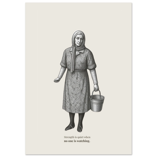 Engraving illustration of an elderly woman in a headscarf carrying a metal bucket, walking forward with quiet determination against a warm cream background