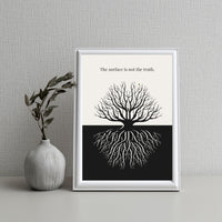 Minimalist poster showing a bare tree above ground and its root system below in black and cream contrast with a single green leaf — The surface is not the truth quote by Monoquote