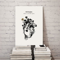 Poster with floral design and text 'Life begins where it breaks open' on a stack of books against a white brick wall.