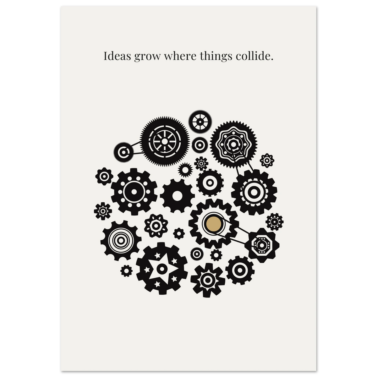 Black gears on a white background with text 'Ideas grow where things collide'.